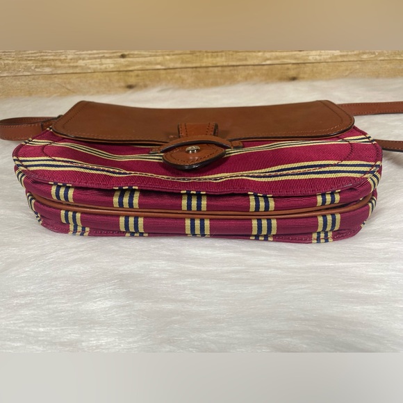 Brooks Brothers Brown Leather Red Multi Striped Fabric Crossbody Bag Purse - Picture 4 of 16